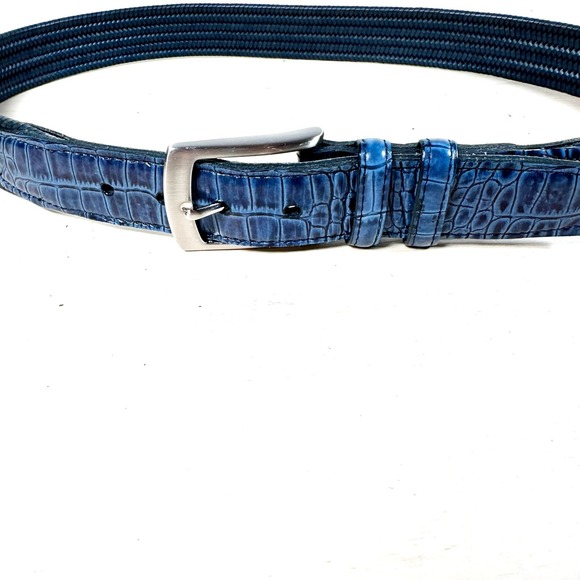 Saks Fifth Avenue Blue Croc Embossed Stretch Braided Leather Belt Size 38 Italy